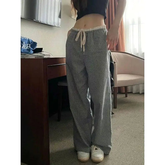 xsrrr Vintage Plaid Women Pants Y2k Oversized High Waist Drawstring Sweatpants Baggy Casual Trousers Korean Fashion Harajuku