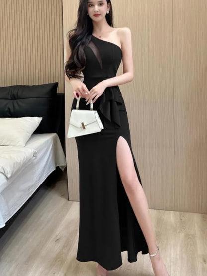 xsrrr Women Sexy Backless Slim Split Long Dress Summer Fashion Elegant Sleeveless Off Shoulder Elegant Club Party Mesh Dresses