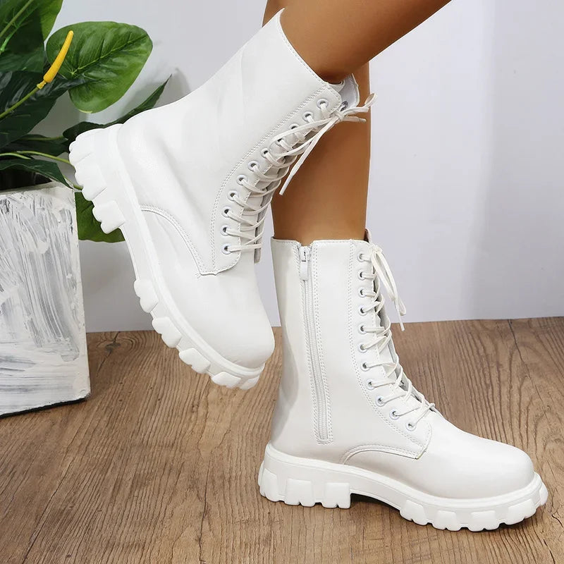 Hnewly Boots Women Autumn Winter PU Leather White Ankle Boots Motorcycle Botines Female Chunky Heels Platform Boots Botas Mujer