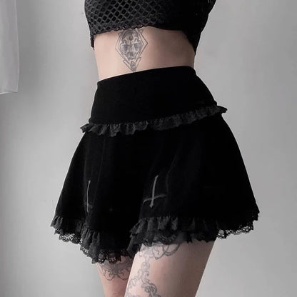 xsrrr Women Sexy Fashion Cross Summer Embroidery Black Gothic Style Casual Party Stylish Lace Trim Mini Skirts