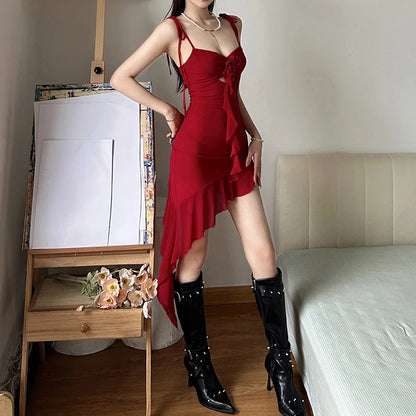 xsrrr DRESS TO IMPRESS New Retro Summer Sexy Spicy Girl Thai Dress Fashion Irregular Niche Design Women Group Ruffled Edge Red Ribbon Mini Dresses