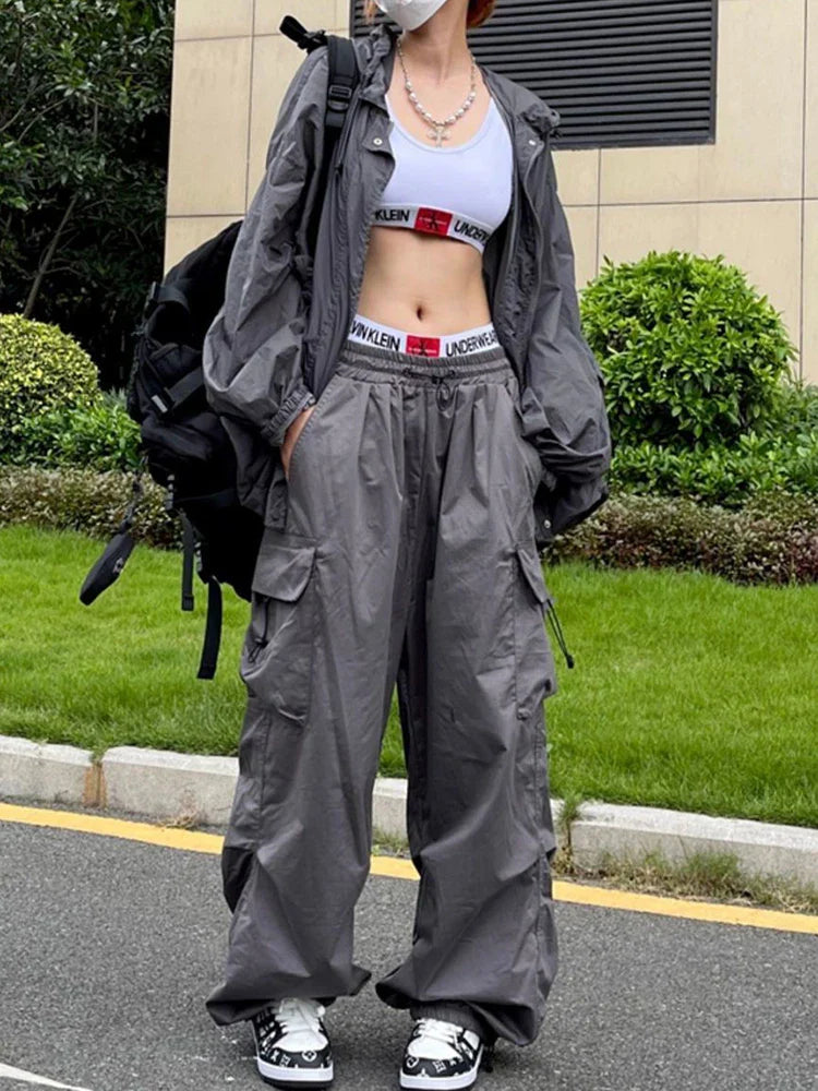 xsrrr Y2K Parachute Black Pants Women Hippie Streetwear Oversize Pockets Cargo Trousers Harajuku Wide Leg Baggy Sweatpants