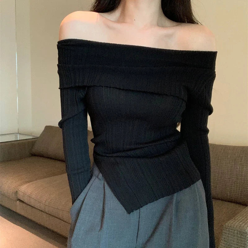 xsrrr Y2K Korean Women Pullover Sweet Knitted Slim Off Shoulder Long Sleeve Female Sweater Autumn New Irregulate Ladies Casual Jumpers