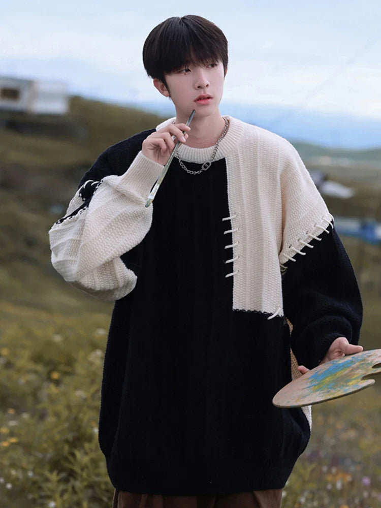 Knitted Sweater Men Pullover Oversize Sweaters Male Winter Harajuku Casual Streetwear Patchwork Autumn Hip Hop Spliced