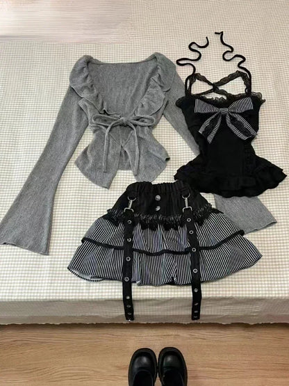 xsrrr Autumn Winter  Sweet Lolita 3 Piece Set Women Lace Up Knitted Cardigan+ Sexy Slim Strapless Vest Tops+ High Waist Ruched Skirts