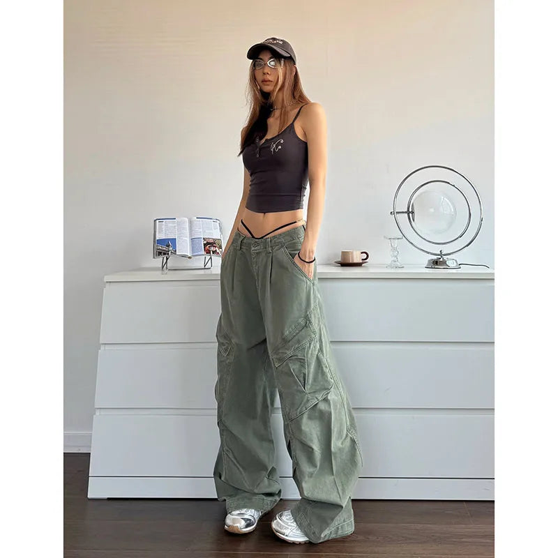 xsrrr NEW Green Jeans for Women High Quality High Waist American Wide Leg Pants Solid Y2K Vintage Straight Summer Trousers