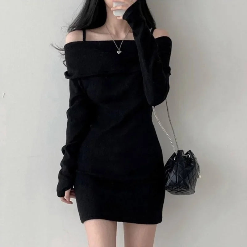 xsrrr Off Shoulder Suspender Lapel Knit Dress Women Korean Sexy Slim Bottomed Mini Dresses Autumn Winter Solid Suspender Sweater Dress