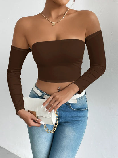 xsrrr Off Shoulder Crop T-Shirt, Casual Long Sleeve Top For Spring & Fall, Women's Clothing