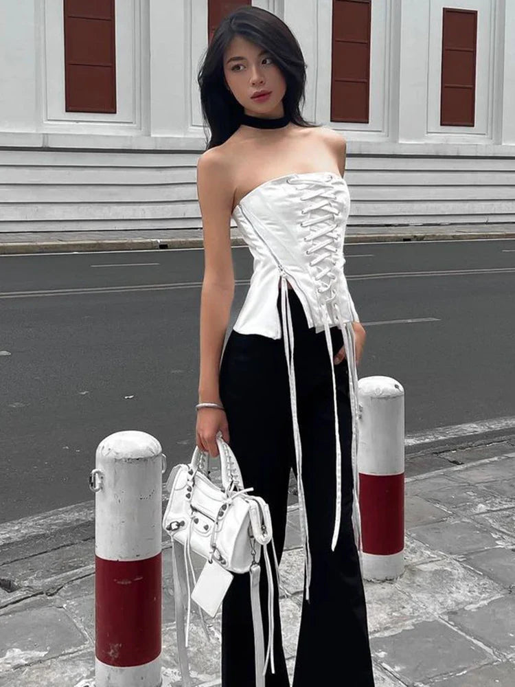 xsrrr Streetwear Lace -up Bandage Corset Bodycone Off Shoulder Chic Aesthetic Y2K Crop Top Women Korean Summer Bustiers Camis