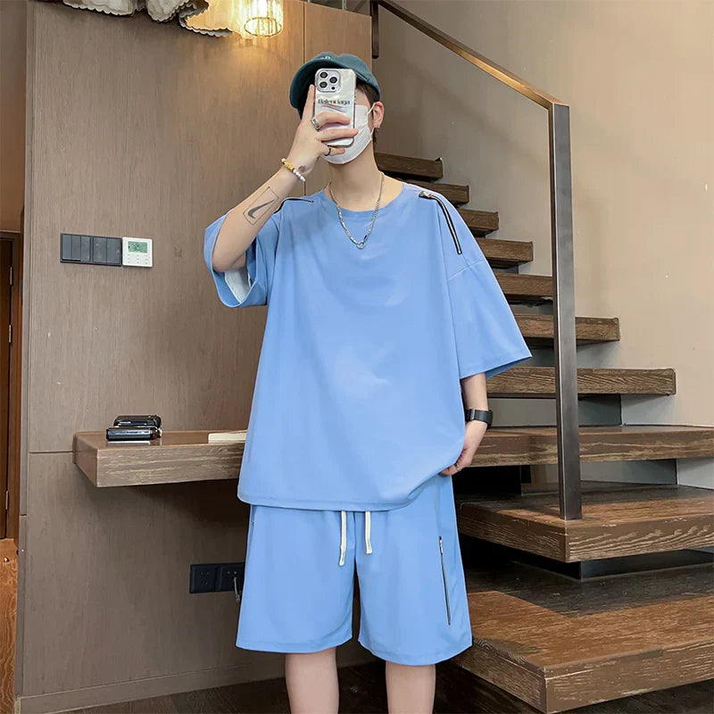 Oversized Tracksuit Men New Korean High Street Fashion Zipper Design T-shirt Shorts Two Pieces Sets Mens Streetwear Men Clothes