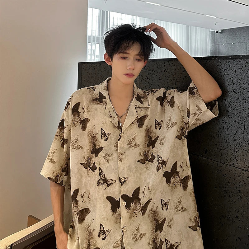 Summer Butterfly Printed Tie-dye Shirt Men Windsor Collar Loose Casual Short Sleeve Shirts Oversize Streetwear Boy Girl Blouses