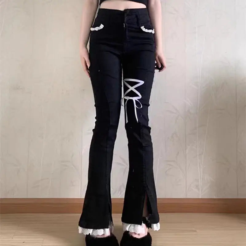 xsrrr Sweet Spice Girl Little Lace Strap Jeans Spring Summer New Ins Slim Elastic Split Horn Wide-leg Denim Pantalones High Waist Pant