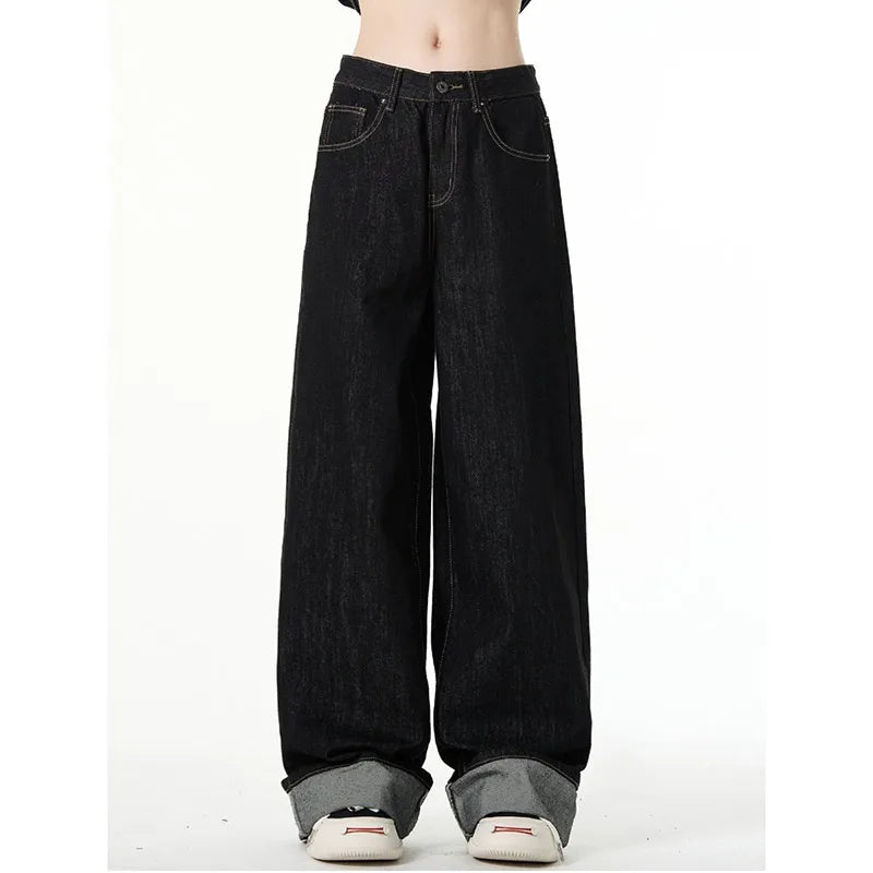 xsrrr Women Black Gothic Jeans Baggy Vintage Oversize High Waist Cowboy Pants Harajuku Denim Trousers 90s Y2k Trashy Emo 2000s Clothes