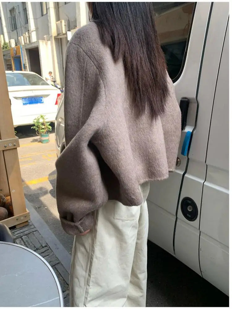 xsrrr Short Woolen Jackets Autumn/Winter Korean-Style Metal Single Breasted Round Neck Loose Rabbit Hair Women Wool Coats