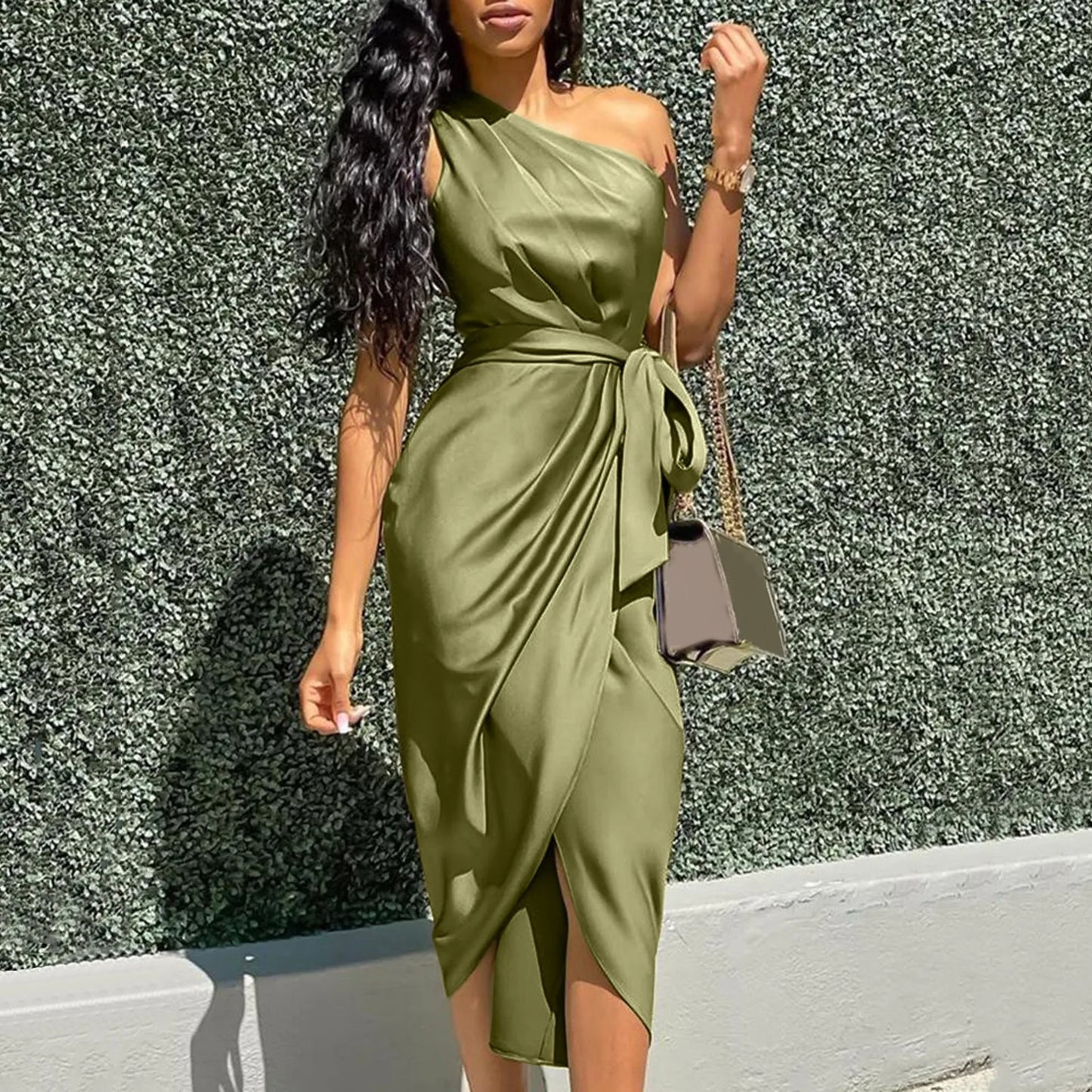 xsrrr Summer Dresses Women Green Sexy One Shoulder Satin Asymmetrical Ruched Midi Evening Party Prom Dress Gown Bandage Plus Size Robe