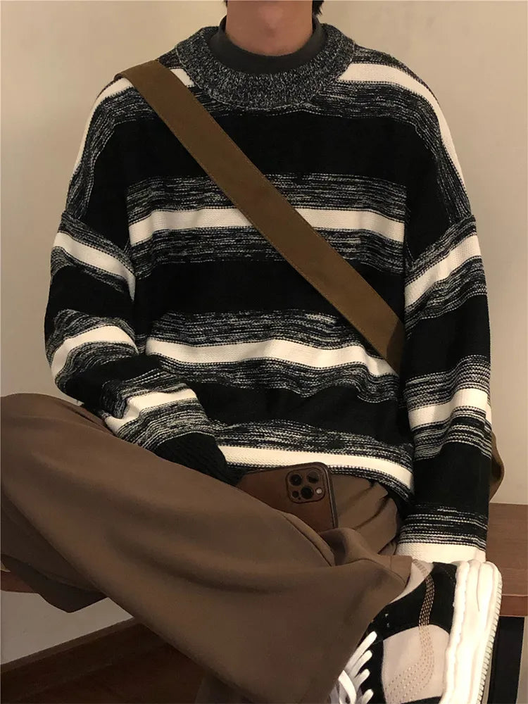 Vintage Striped Men's Knitted Sweater Pullovers Black Distressed Sweaters Male Oversize Japanese Streetwear Hip Hop