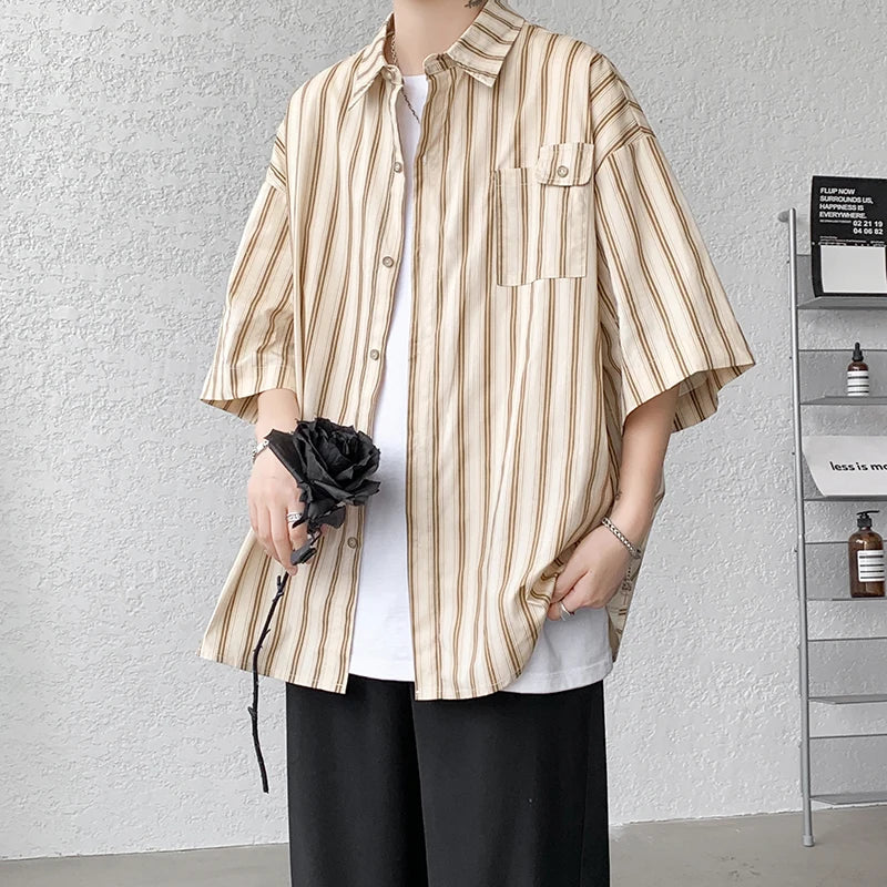 Half Sleeve Shirts Men Casual Stripe Shirts Streetwear Oversize Blouses Single Breasted Male Clothing Harajuku Summer