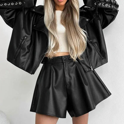 xsrrr Black Leather Shorts Women Autumn Winter Pleated High Waist Sexy Pu Shorts Casual Wide Leg Shorts Female Office Ladies