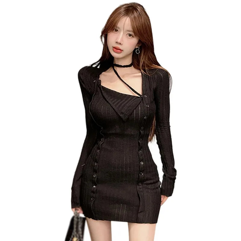 xsrrr FALL OUTFITS Women Long Sleeve Tight Dress Split Short Slim Fit Dress Lady Autumn Hanging Neck Dress Sexy Party Halter Elastic Bodycon Dress