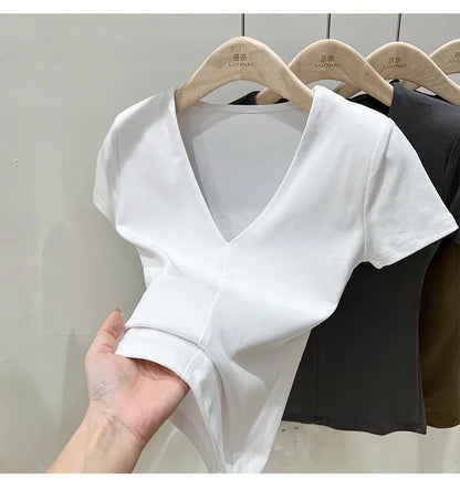 xsrrr Casual Cotton V Neck Short Sleeve T-shirt Women Fashion Shoulder Pad Solid Color Summer Slim Tees Ladies Basic Elastic Tops