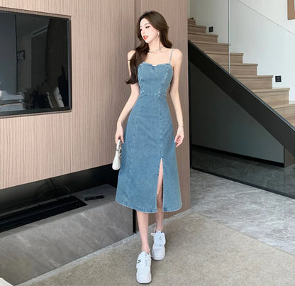 xsrrr New Retro 2024 Spring and Summer Strapless Denim Dress Fashionable Fashionable Women Sexy Thin Straps Slim Split Mid Skirt Tank