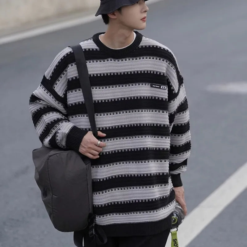 Striped Knitted Sweater Coat Men Japanese Oversize Casual Autumn Winter Loose O-neck Pullovers for Man Streetwear Korean