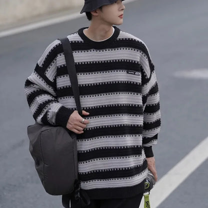 Striped Knitted Sweater Coat Men Japanese Oversize Casual Autumn Winter Loose O-neck Pullovers for Man Streetwear Korean