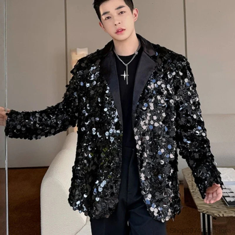 Men's Sequins Blazer Glitters Bling Suit Jacket Singer Stage Shiny Clothing Black Silver Oversize Party Suit Coat Man