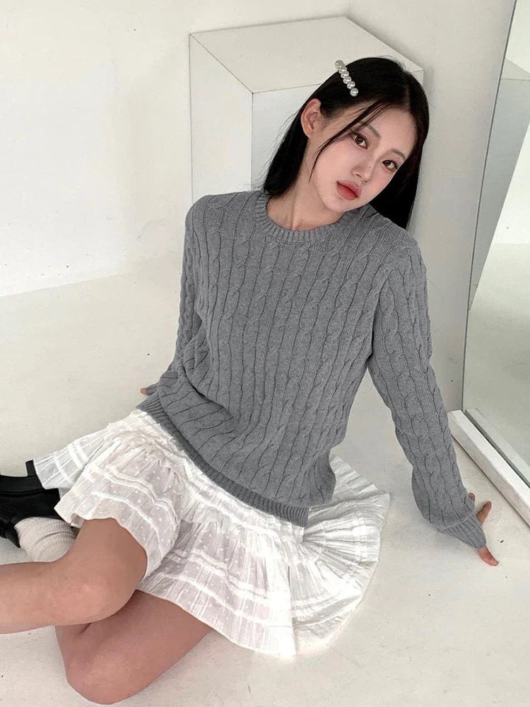 xsrrr BACK TO SCHOOL OUTFIT Harajuku Gray Casual Sweater Y2K Knitted Long Sleeve Autumn Sweaters for Women Vintage Crew Neck Basic Jumper Korean