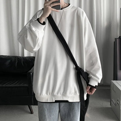 Mens Casual Sweatshirts Hoodie Men Fake Two Pieces Oversized Japanese Streetwear Sweatshirts Man Harajuku O-Neck Hoodie