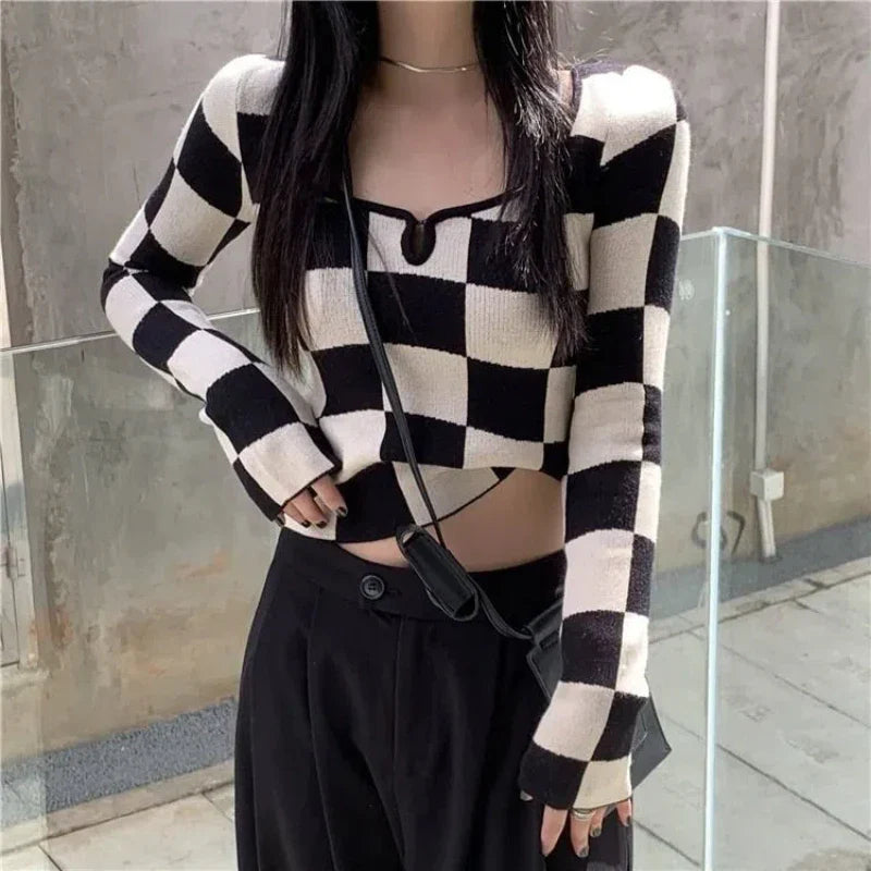 Hnewly Y2K Plaid Knitting Sweaters Autumn New Long Sleeve Slim Youth Short Korean Pullovers Top Fashion Temperament Women Clothing