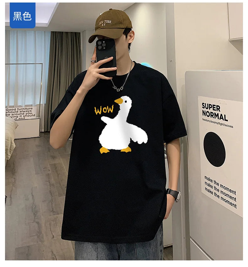 Summer Men's Cotton T-Shirt Funny Goose Print Cartoon Short Sleeve Tops O-Neck Tees Y2k 2024 Anime Casual Oversized T Shirts Men