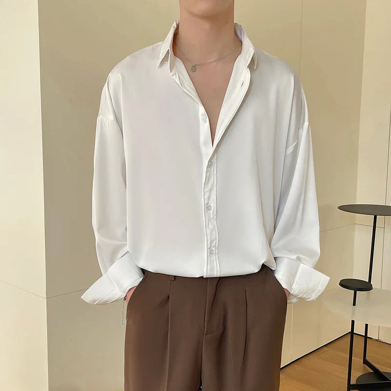 White Long Sleeved Shirt Men Oversized Fashion Social Mens Dress Shirt Korean Loose Ice Silk Shirt Mens Office Formal Shirts