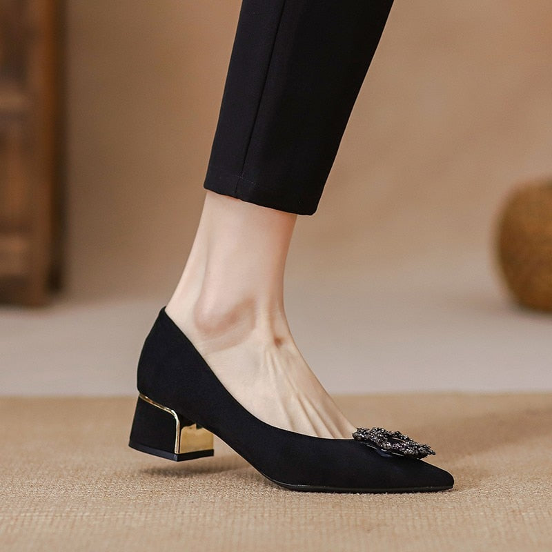 xsrrr 5Cm Autumn New Women Pumps Retro Rhinestone Decorations Shallow Mouth Pointed Toe Square Heel Elegant Slip On Mule Shoes