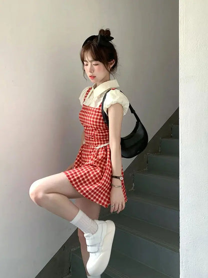 xsrrr Y2k Coquette Kawaii Cute Plaid Shirt Dress Women Preppy Style Sweet Girls Short Party Dresses 2024 Summer Fashion