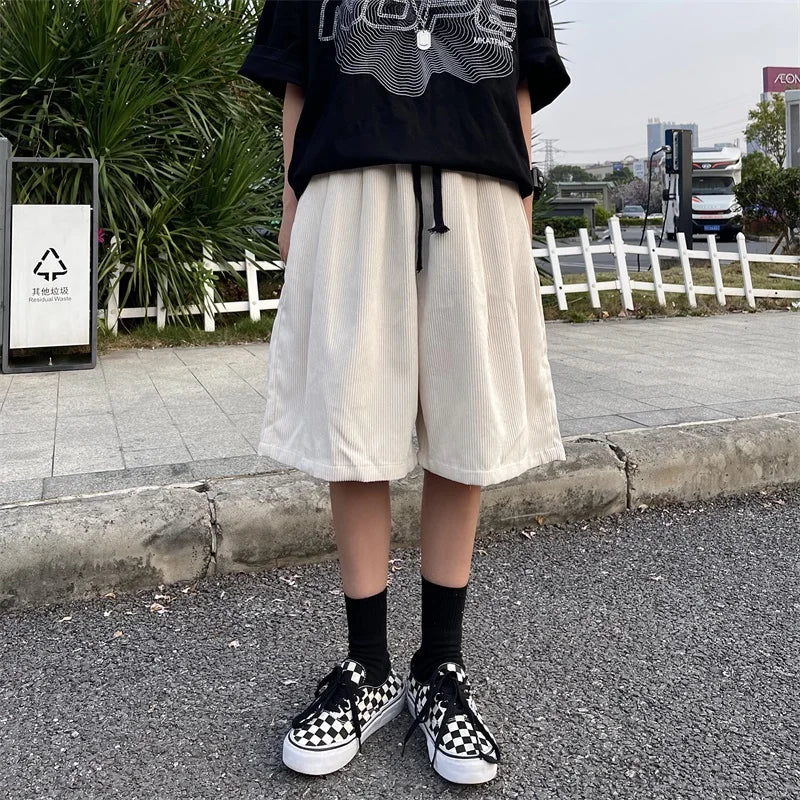 Brown Corduroy Shorts Oversized Baggy Five Point Trousers Summer Korean Fashion Wide Leg  Ins Hip Hop Bottoms Men