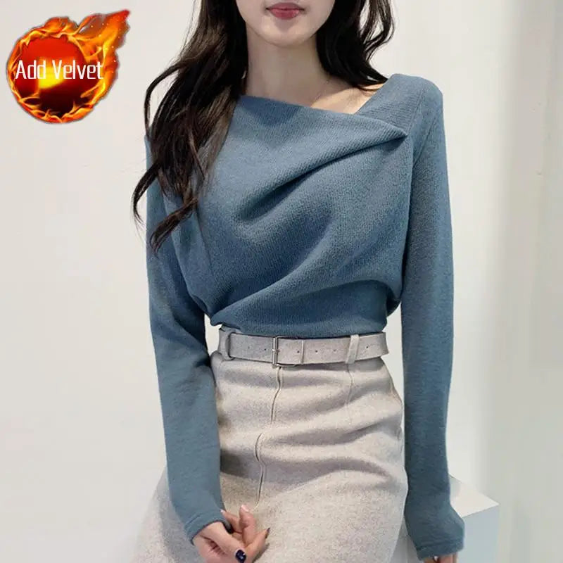 Hnewly FALL OUTFITS Female Tops Pulovers Clothes Warm Tees Plain Blue Women's T Shirts Spring and Autumn Tshirts New Arrivals Polyester Old Alt