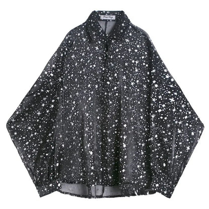 2024 New Starry Sky Mesh Sexy Long-sleeved Shirt Men's Loose Oversize Lapel Shirt Top Sun Protection Shirt See-through Blouse