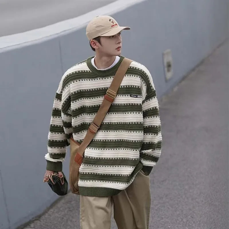 Striped Knitted Sweater Coat Men Japanese Oversize Casual Autumn Winter Loose O-neck Pullovers for Man Streetwear Korean