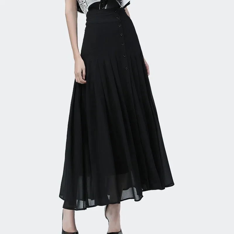 Hnewly Summer Chiffon Pleated Skirt High Waist Slim A-line Skirt Women High Quality Elegant Over-the-knee Slit Ladies Long Skirt Party