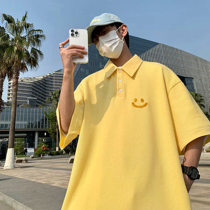 Smiley POLO Shirt Oversize Loose Casual All-match Tops Fashion Short-sleeved T-shirt Summer Sports Lapel Men's Clothes Thin