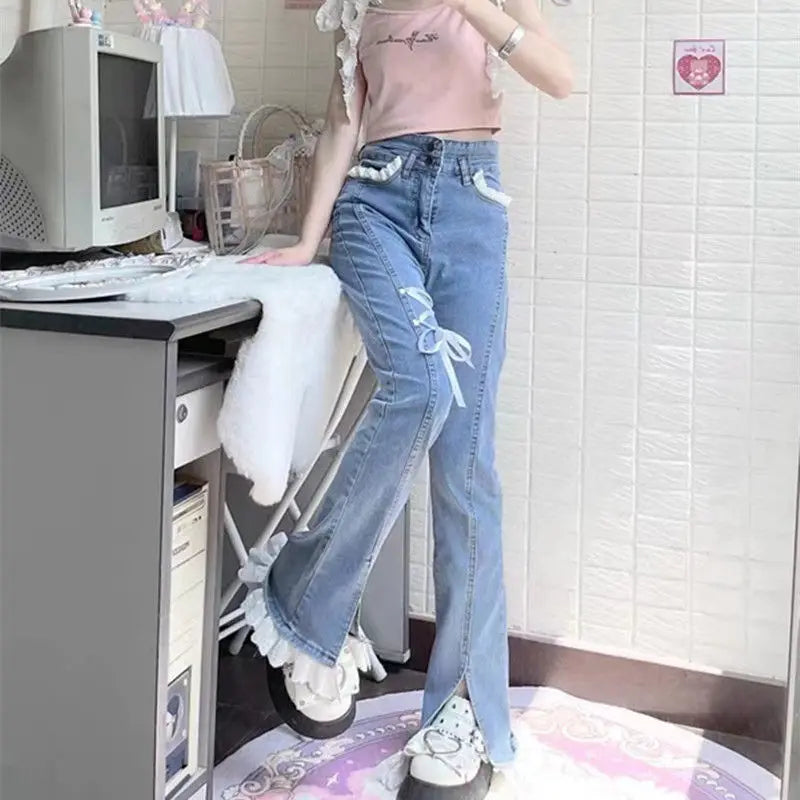 xsrrr Sweet Spice Girl Little Lace Strap Jeans Spring Summer New Ins Slim Elastic Split Horn Wide-leg Denim Pantalones High Waist Pant