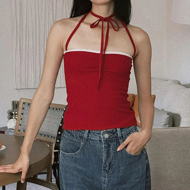 xsrrr Fashion Red Lace Trim Folds Skinny Halter Top Summer Backless Off Shoulder Y2K Holidays Crop Top Sexy Women's Clothes