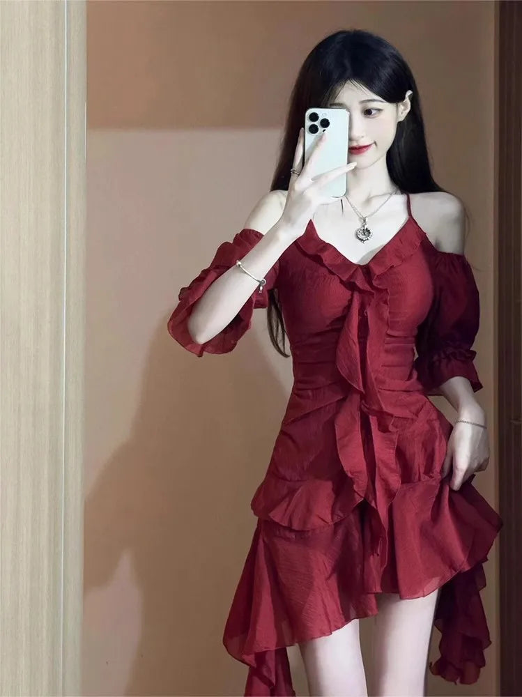 xsrrr 2024 New Red French Elegant Y2k Mini Dress Even Party Short Sleeve Woman Vintage One Piece Dress Korean 90s Fashion Summer Chics