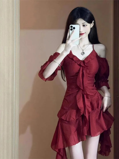 xsrrr 2024 New Red French Elegant Y2k Mini Dress Even Party Short Sleeve Woman Vintage One Piece Dress Korean 90s Fashion Summer Chics