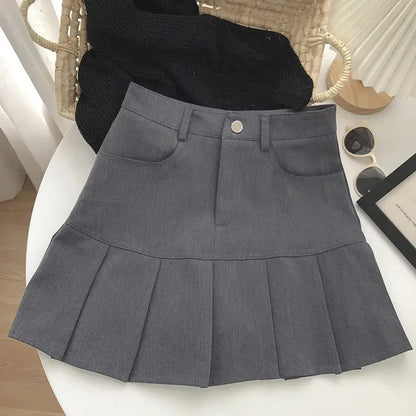 xsrrr Women Sweet Mini Skirt Korean Preppy Style High Waist Folds Female A Line Skirt Y2K Summer Patchwork Pockets New Ladies Skirt