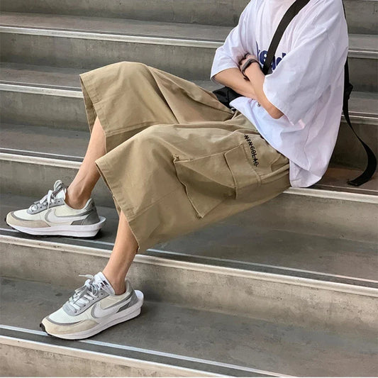 Casual Cargo Pants Men Calf-length Letter Oversize All-match Baggy Wide Leg Trousers High Street Hip Hop Trendy Harajuku Chic