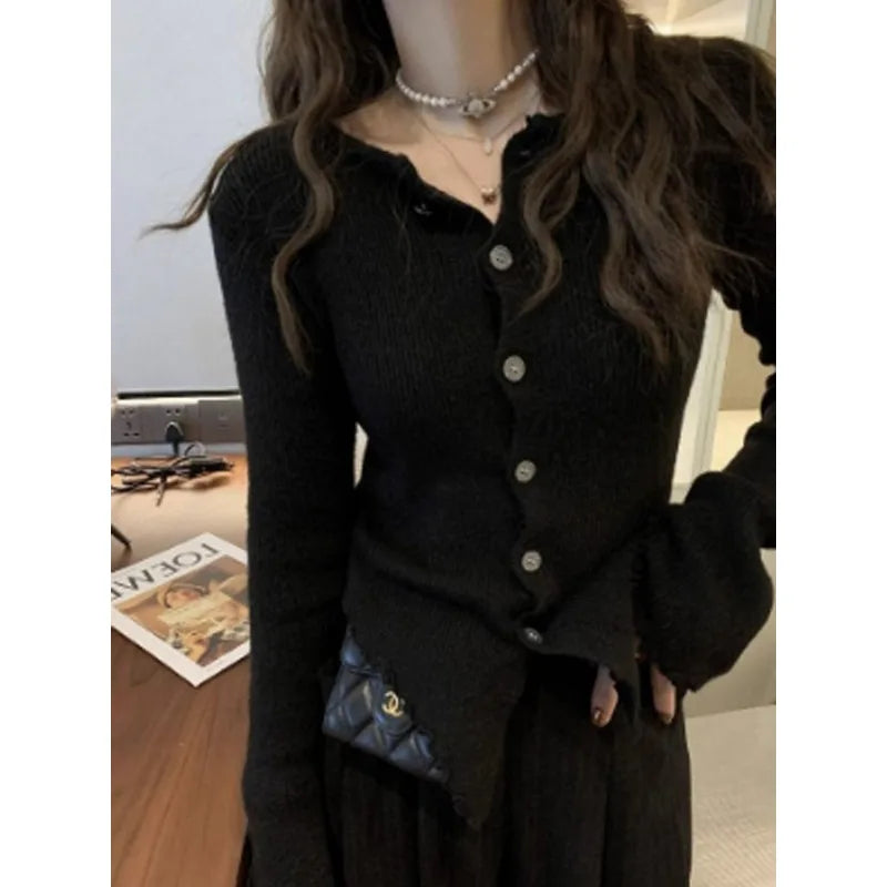 xsrrr Y2k Grey Vintage Women Kint Sweater Harajuku Long Sleeve Cardigan Irregular Korean Fashion Slim Autumn Jerseys Casual