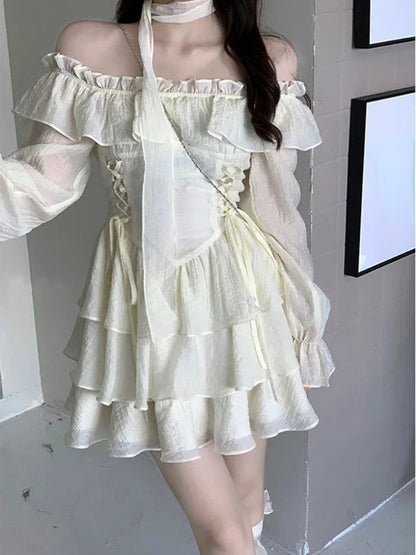 xsrrr Summer Elegant Ruffles Fairy Dress Women Casual Sweet Lolita Party Dress Long Sleeve One Piece Dress Korean Female Fashion