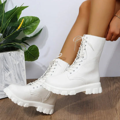 Hnewly Boots Women Autumn Winter PU Leather White Ankle Boots Motorcycle Botines Female Chunky Heels Platform Boots Botas Mujer